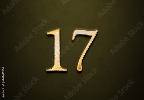 Old gold effect of 17 number with 3D glossy style Mockup.	 photo