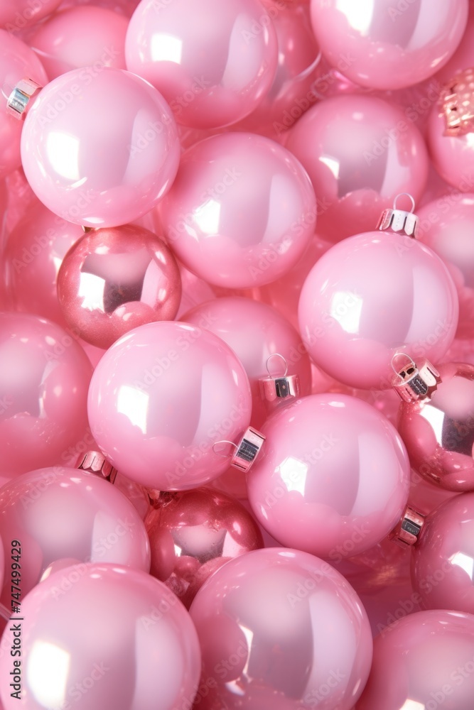 A pile of pink Christmas ornaments on a table, perfect for holiday designs