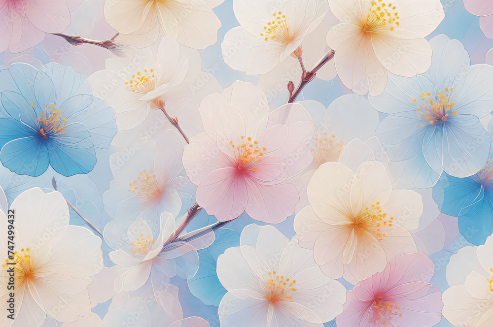 Spring plant background: translucent flowers on tree branches in pastel colors. Generative artificial intelligence. AI generative.