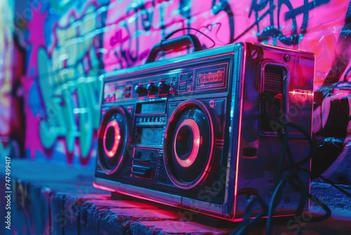 Retro neon boombox set against a backdrop of vibrant graffiti. a nostalgic trip back to the 80s with a modern twist Highlighting the era's music and street art culture.