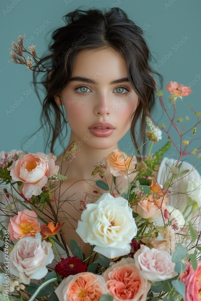 Woman Holding a Bouquet of Roses and Mixed Flowers