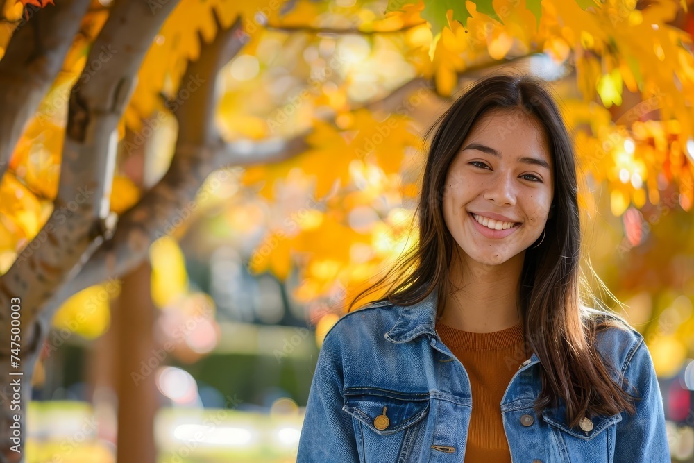 Young student enjoying autumn vibes in a park Surrounded by colorful leaves Embodying the essence of fall Young student enjoying autumn vibes in a park Surrounded by colorful leaves Embodying the essence of fall