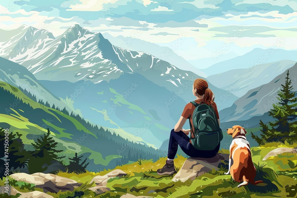Scenic mountain landscape with a female tourist and her dog enjoying the view Symbolizing adventure and companionship