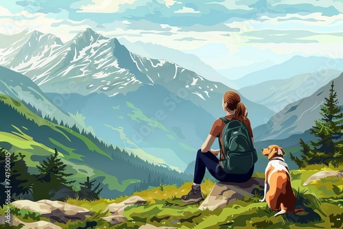 Scenic mountain landscape with a female tourist and her dog enjoying the view Symbolizing adventure and companionship photo