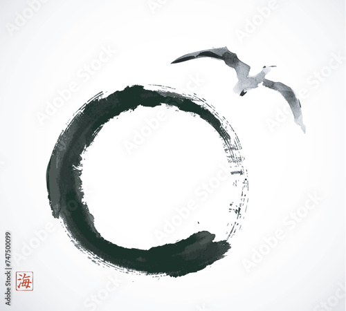 Minimalistic ink painting, displaying seagull in flight and  black enso zen circle. Traditional oriental ink painting sumi-e, u-sin, go-hua. Hieroglyph - sea