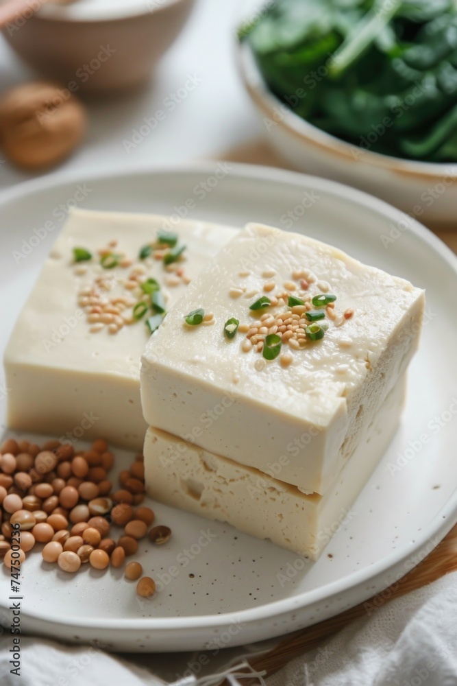 Fresh tofu pieces on a white plate, suitable for food concepts