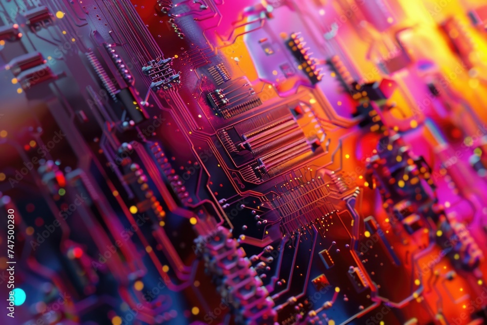 Detailed close up of a computer circuit board. Perfect for technology or electronics related projects