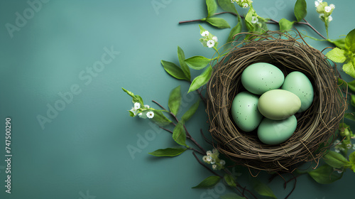 Easter green color background with eggs in the nest. Blossom willow branch, holiday banner concept, copy space for text, greeting card, top view