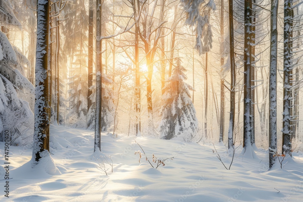 Snowy forest scene with serene winter atmosphere and dusk sky Snowy forest scene with serene winter atmosphere and dusk sky