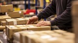A man is packing hardwood boxes in a warehouse for an event publication. He carefully stacks the wood, making sure each box is solid. AIG41