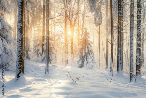 Snowy forest scene with serene winter atmosphere and dusk sky