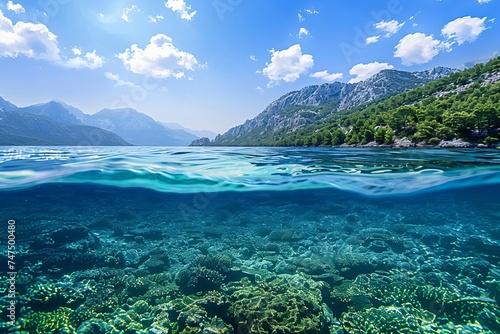 Split underwater and above-water view Capturing the serene beauty of the underwater world and the clear Sunny sky above Illustrating the dual wonders of nature