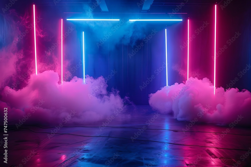 Stage set with dramatic neon lights and smoke Providing a perfect backdrop for music videos or theatrical performances. - obrazy, fototapety, plakaty 