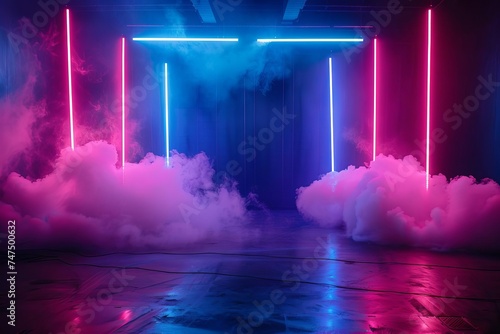 Stage set with dramatic neon lights and smoke Providing a perfect backdrop for music videos or theatrical performances.