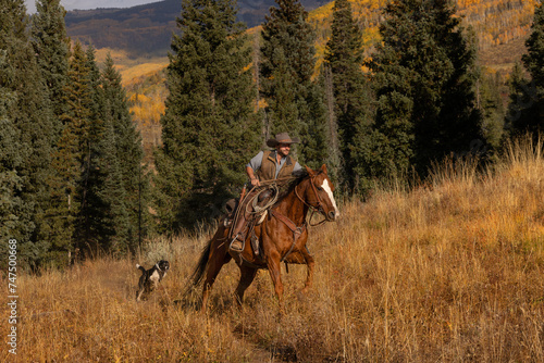Fotografie Colorado Cowboy running on a horse in the Mountains in Autumn and dog