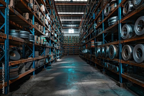 Steel coil storage in an industrial warehouse Showcasing the manufacturing and distribution process of metal products