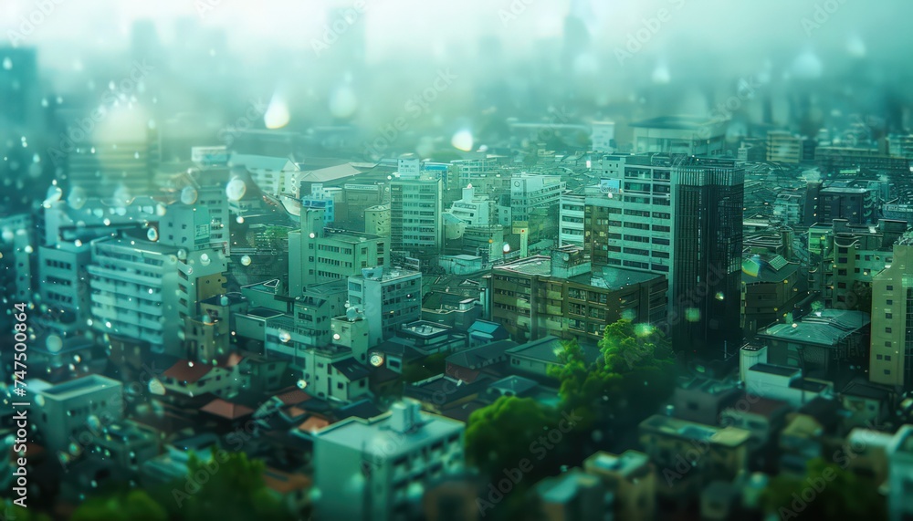 a city filled with icons and buildings, in the style of solarization, japanese influence, green academia