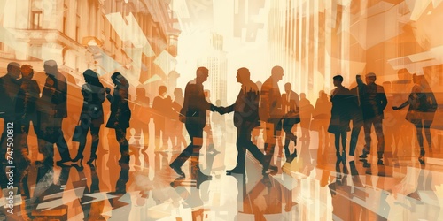 a business shaking hands in front of group of business people, in the style of layered imagery, soft and dreamy depictions