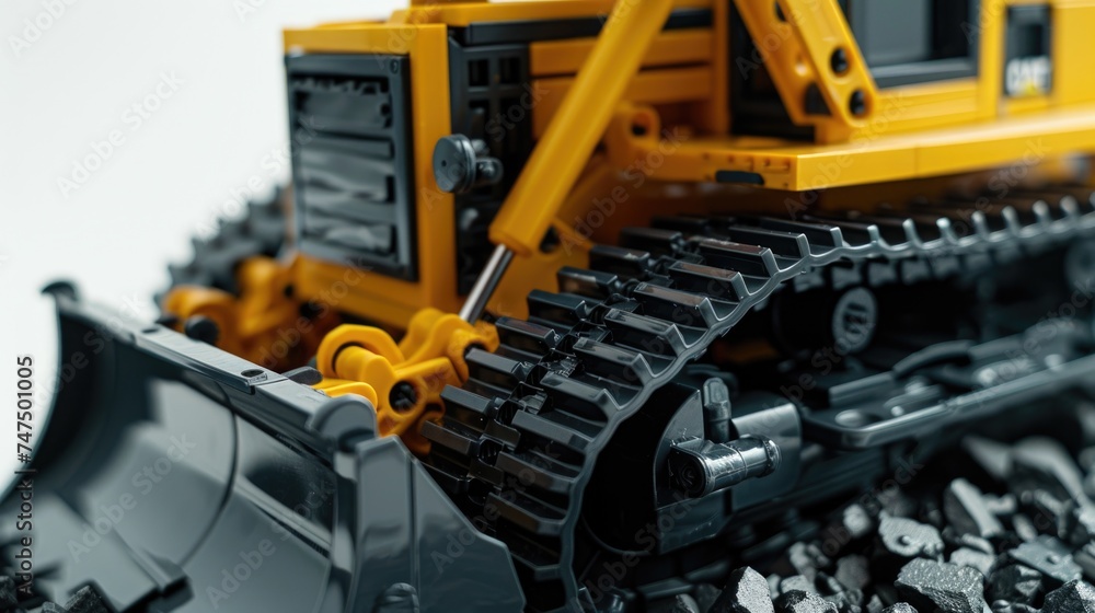 Toy bulldozer sitting on top of a pile of rocks. Suitable for construction and childhood themes Toy bulldozer sitting on top of a pile of rocks. Suitable for construction and childhood themes