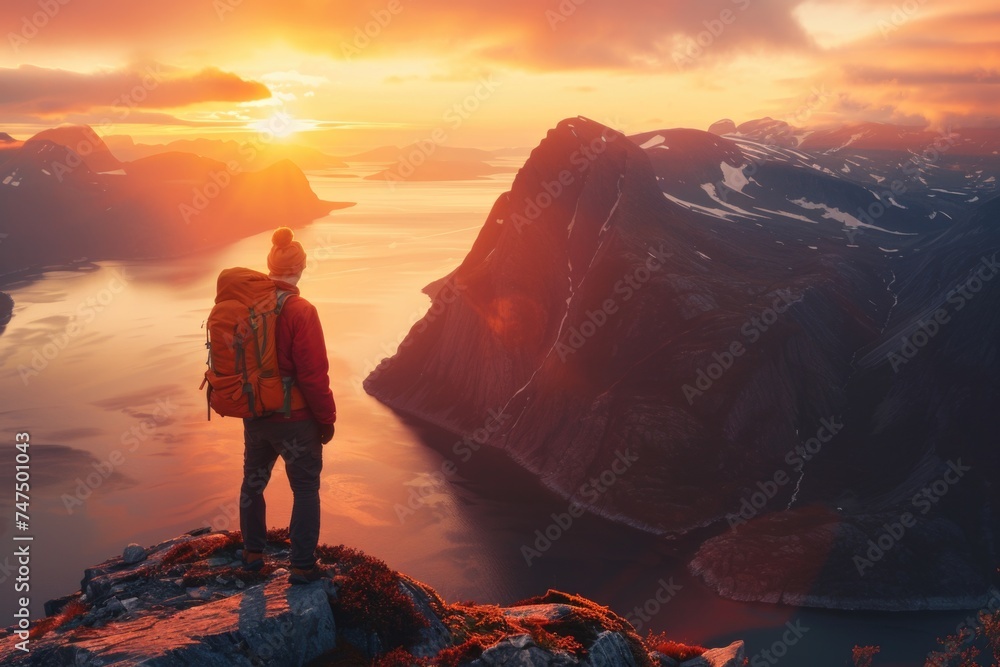 Fototapeta premium A person with a backpack standing on a mountain. Suitable for outdoor and adventure concepts