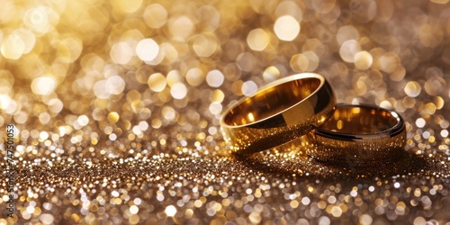 Golden Wedding Bands on Glittering Texture: A Romantic Marriage Celebration Concept