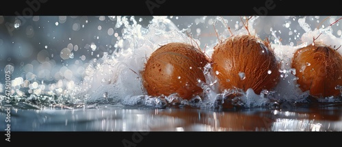 coconut dropping in water, rich color contrasts, white background