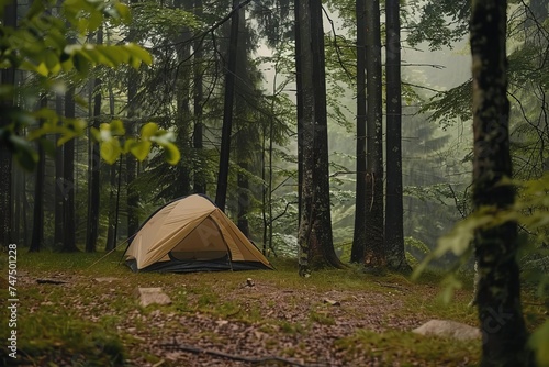 Tranquil camping scene with the gentle sound of rain on a tent Nestled in a serene forest clearing. captures the essence of peaceful solitude and nature's soothing embrace