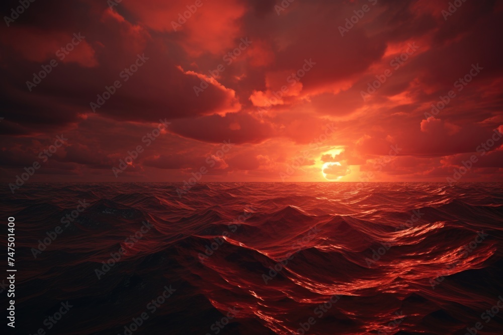 A stunning red sunset over the ocean waves, perfect for travel or nature themes