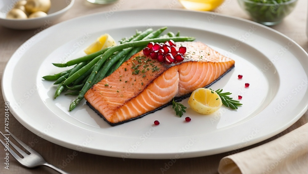 White Plate With Salmon and Green Beans White Plate With Salmon and Green Beans