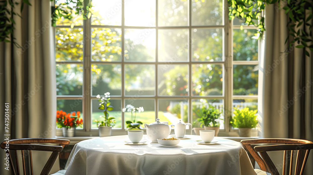Breakfast room setting with table and chairs with a sunny morning view through the panorama window. Breakfast room setting with table and chairs with a sunny morning view through the panorama window.