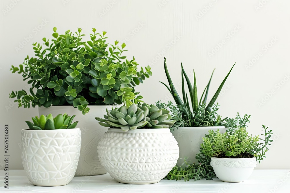Varied indoor plants in minimalist pots Creating a serene green living space Varied indoor plants in minimalist pots Creating a serene green living space