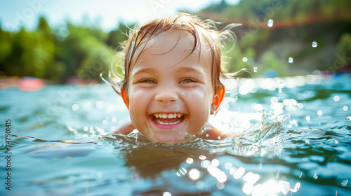 Young child with bright smile swimming in a lake