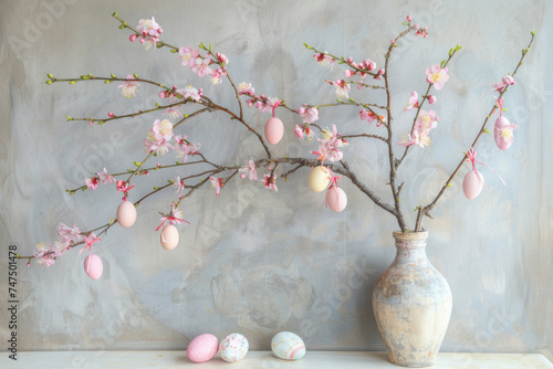 Easter tree with spring blossom flowers, pastel painted eggs in vase at home interior. Image with mock up and copy space. Greeting card.