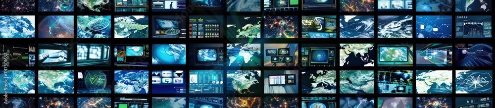 a large number of video screens show televisions around the globe, in the style of intertwined networks a large number of video screens show televisions around the globe, in the style of intertwined networks