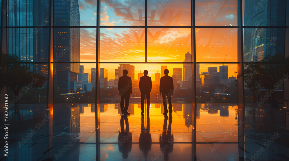 Back view of business executives standing in exhibition hall Back view of business executives standing in exhibition hall