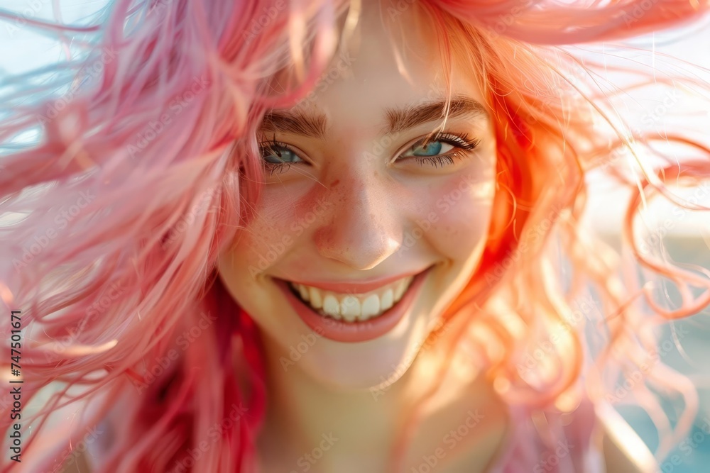 Vibrant and playful portrait of a young woman with pastel pink hair Embodying joy and youthful energy