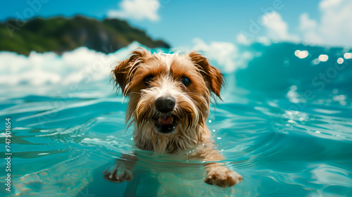 Happy Pup Swimming in Tropical Waters