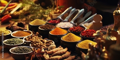Assorted spices in bowls  great for culinary concepts