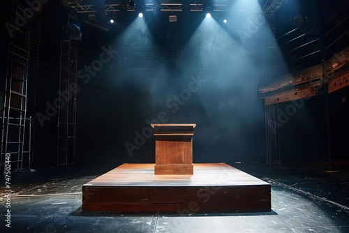 Wooden podium on a stage with dramatic lighting for a performance