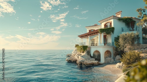 A picturesque house perched on a cliff overlooking the ocean. Perfect for real estate or travel concepts