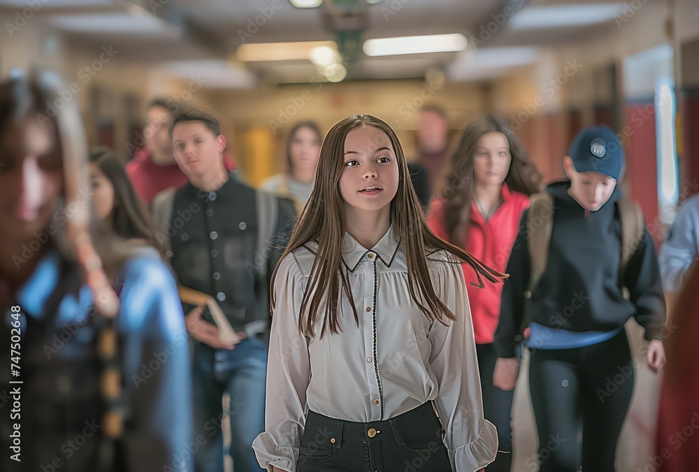 a young woman walks down a hallway with other students around her, simple and elegant style a young woman walks down a hallway with other students around her, simple and elegant style