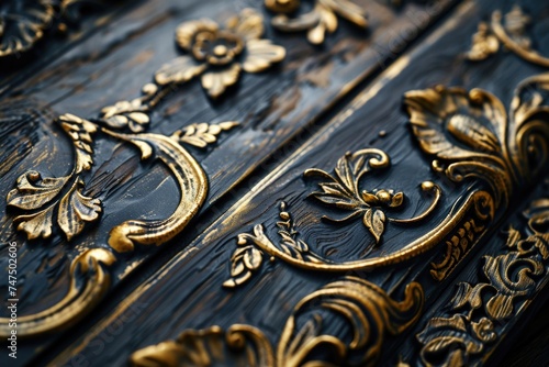 Close-up of a wooden table with elegant gold accents. Perfect for luxury interior design concepts
