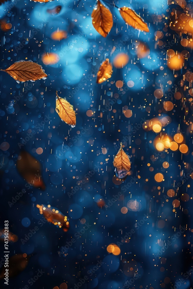 an window glass with golden leafs and drops of water on it, in the style of dark azure and navy, meticulous detail, intense color saturation