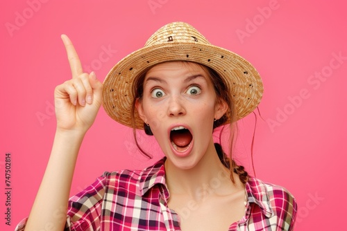 A woman in a straw hat making a humorous expression. Suitable for social media posts