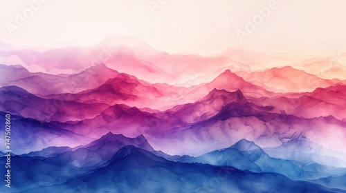 Watercolor Mountain Range, artistic watercolor representation of layered mountain ranges, transitioning through a spectrum of warm to cool hues