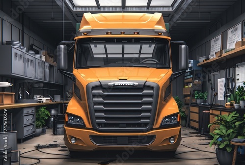 a truck in a workshop, in the style of dark orange