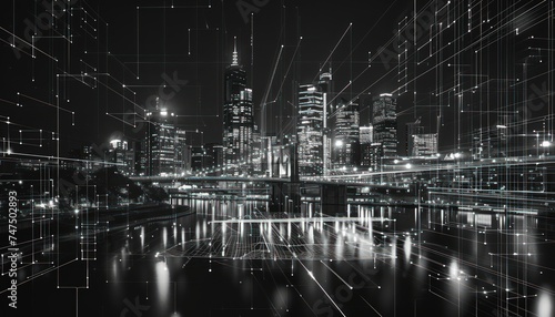 cityscape with some information icons on it, influence, data visualization, ark white and dark gray,