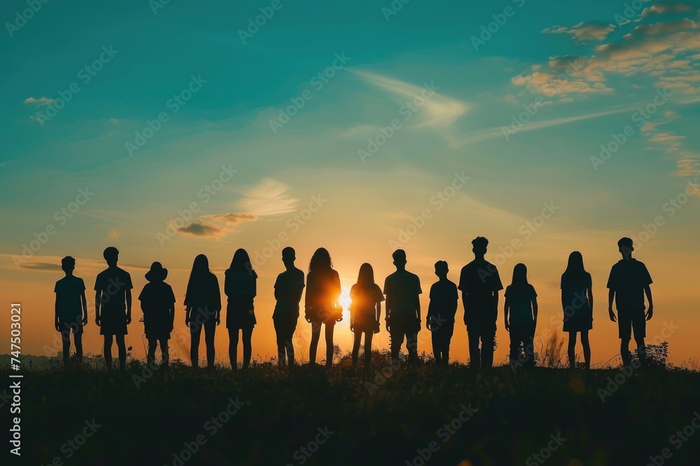 Fototapeta premium Group of people standing on a grass covered field, suitable for various outdoor activities