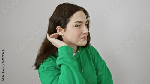 Attractive young woman in sweatshirt playfully listening to gossip, hand cupped to ear, expression of joy, standing isolated on white background, evoking deafness concept. photo