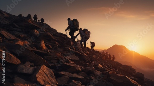 A group of people climbing up a mountain. Perfect for outdoor and adventure concepts